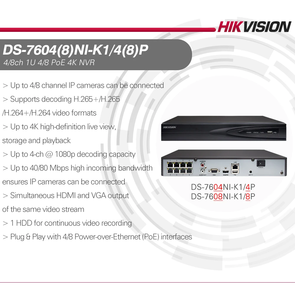 Hikvision 4K 8MP NVR DS-7604NI-K1/4P 4CH POE H265+   1SATA CCTV NVR   For IP Camera Security System Video Recorder Kit