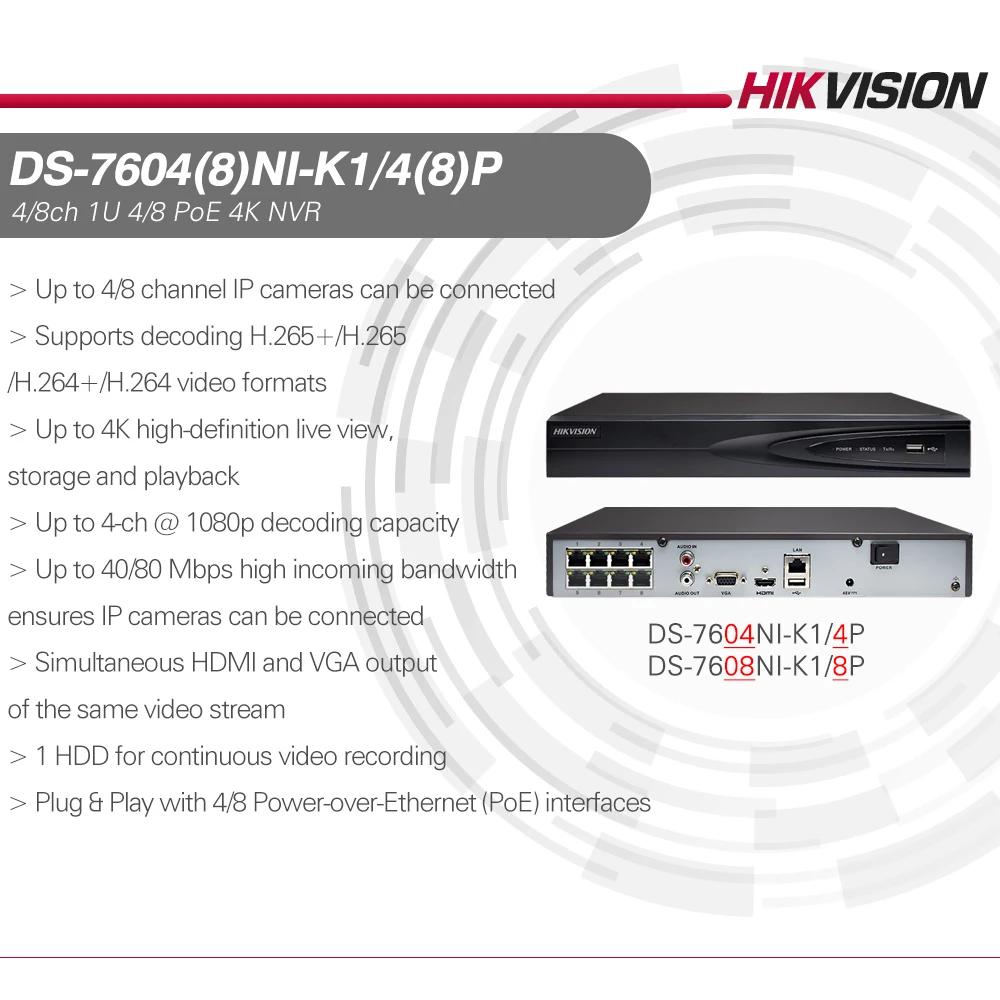 Система видеонаблюдения Hikvision 4K 8 Мп NVR DS-7604NI-K1/4P 4 канала POE H265 + 1SATA для IP-камер