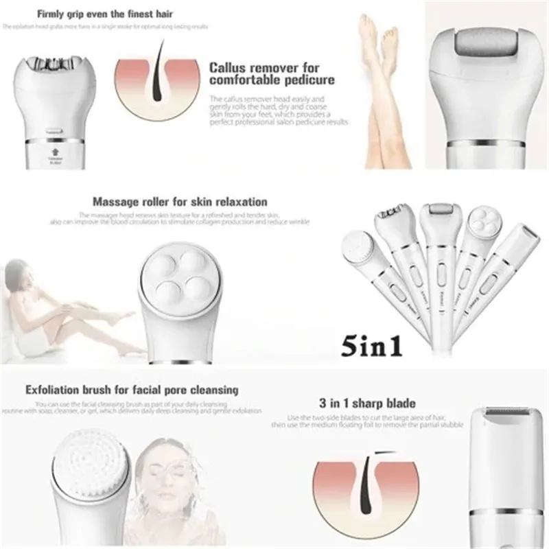 Kemei 5 In 1 Electric Epilator Lady's Painless Hair Shaver Portable Lady Eyebrow Body Nose Bikini Trimmer | Бытовая техника