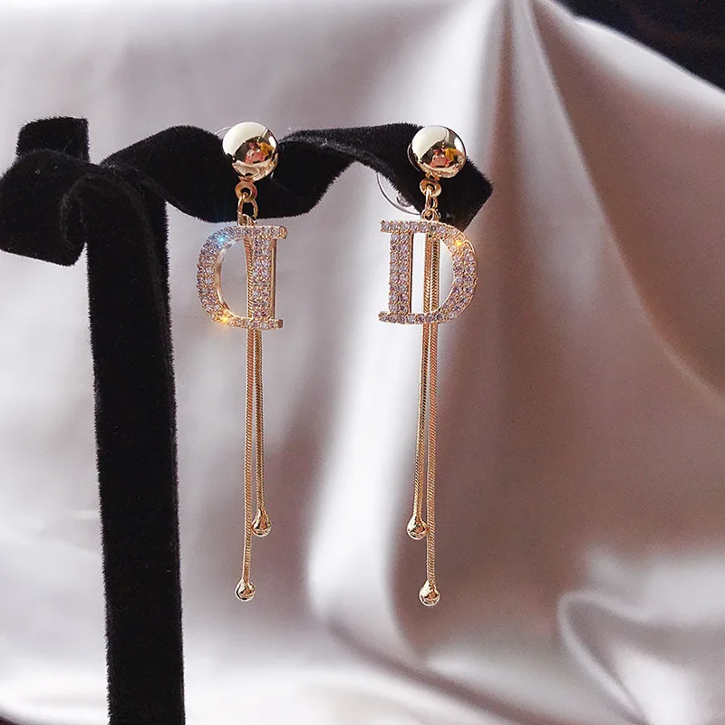 Luxury Brand Long Pearl Drop Earrings For Women Crystal Letter D Earring Female Wedding Fashion Jewelry oorbellen 2020