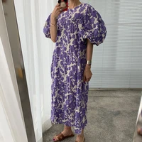summer new maxi dresses for women printed round neck loose dress casual female retro puff sleeves ropa mujer talla grande 2021