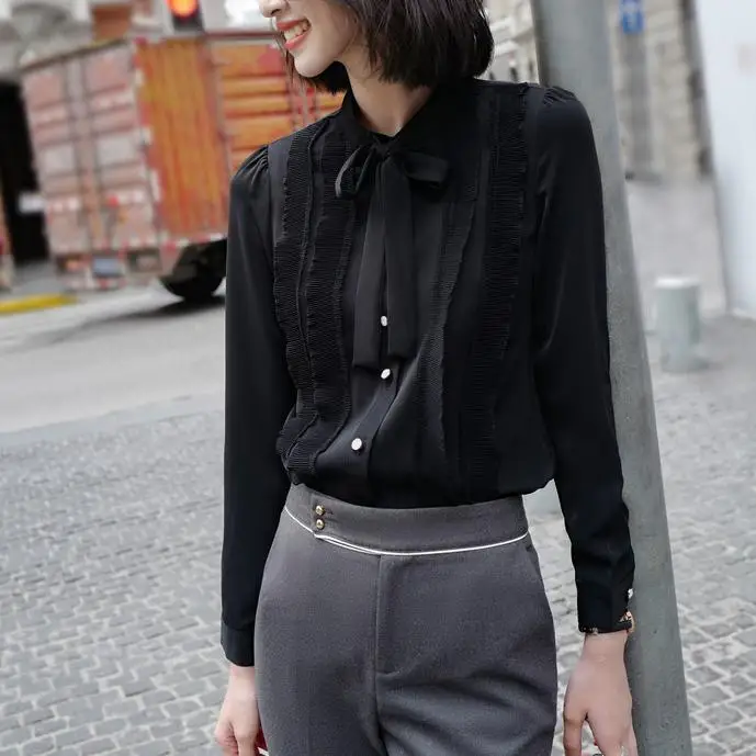 

Lauri Laki Chiffon Office Lady Women Blouse White Black Elegant Vintage Bow Tie Long Sleeve Shirts Mujer Retro Autumn 2020 Tops