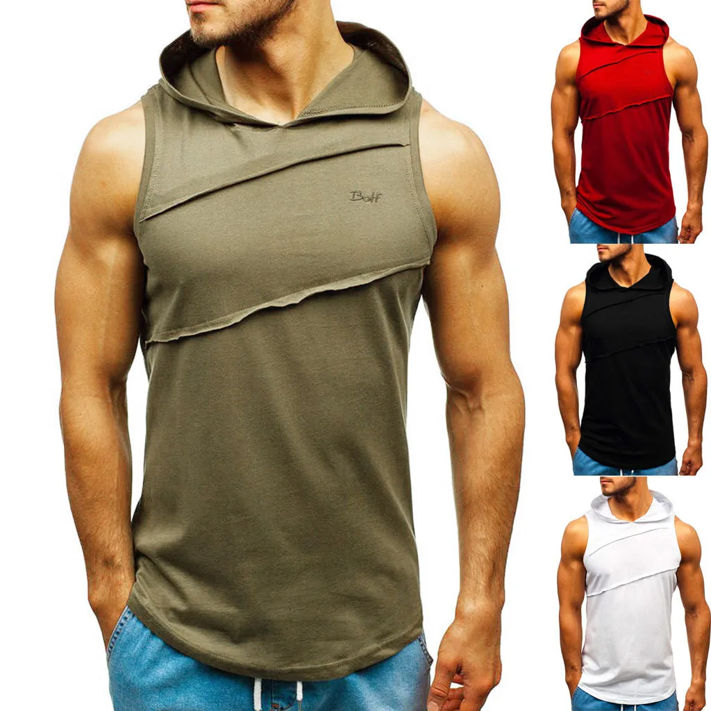 

Men's hooded striped sleeveless vest new summer hooded solid color stitching vest sports sleeveless vest 40*
