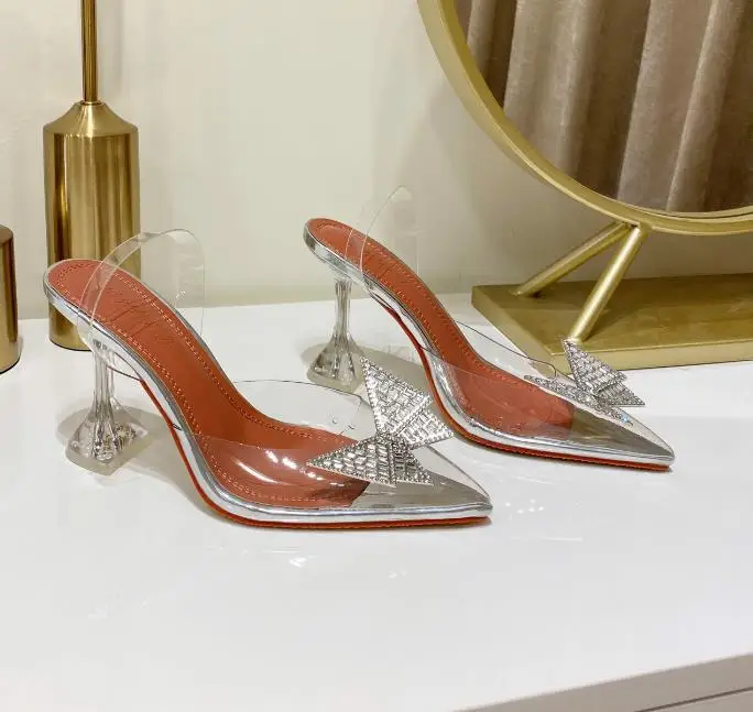 

Transparent high heels women's new summer 2021 pointed Crystal Rhinestone bow sandals