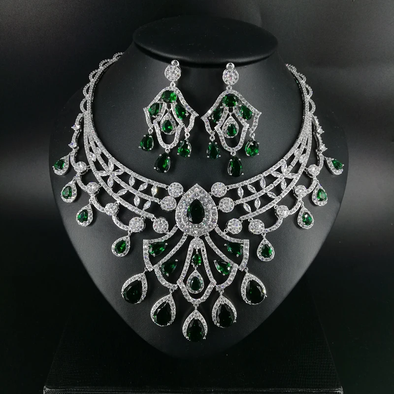 

2021 new fashion luxury green water drop zircon necklace earring set,wedding bride dinner party dress jewelry free shipping