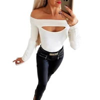 new women off shoulder sexy hollow out long sleeved solid color ladies tops slash neck female slim fit high street t shirt