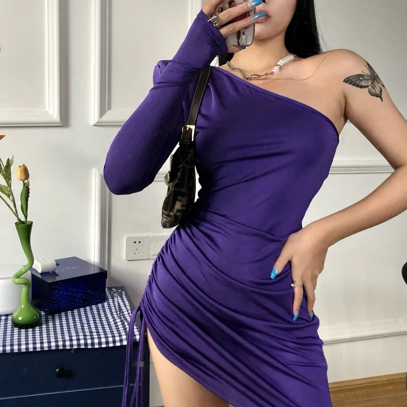 

One Shoulder Long Sleeve Dress