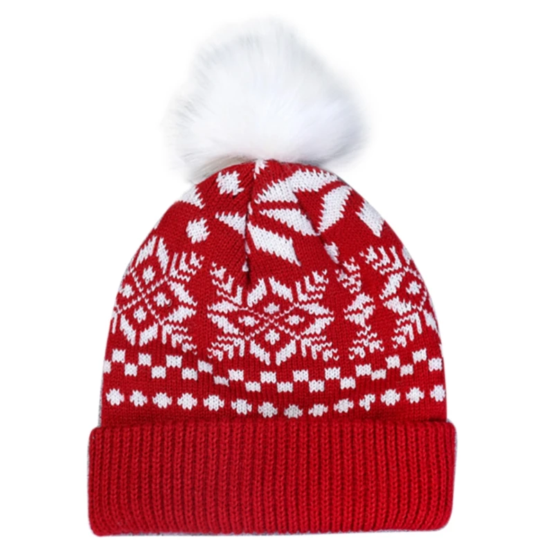 

Women Christmas Snowflake Winter Knitted Beanie Hat Cute Fluffy Pompom Stretch Cuffed Skull Cap Holiday Ski Ear Warmer