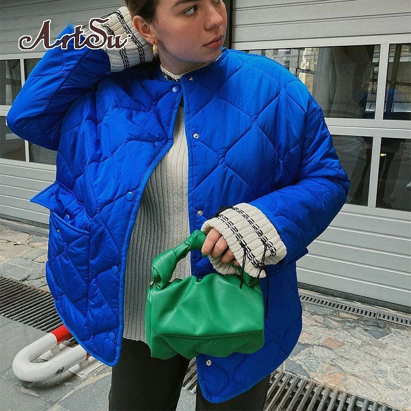 

Winter Blue Oversize Puffer Jackets for Women Casual Fashion Warm Cotton Button Down Quilted Coat and Jacket Loose