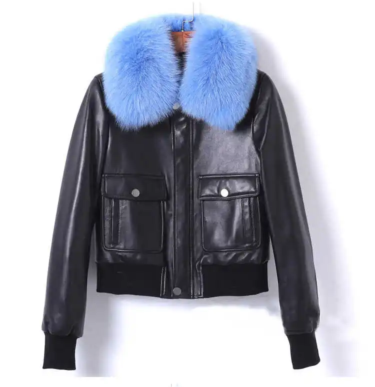 

fox winter New fur collar Coat Women genine leather jackets Chic sheepskin leather pockets jackets overcoat D943