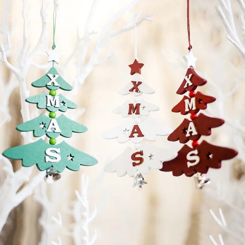 Creative Painted Wooden Christmas Tree Hanging String Christmas Pendant Window Display Ornaments Xmas Party Decors Kids Gift Toy