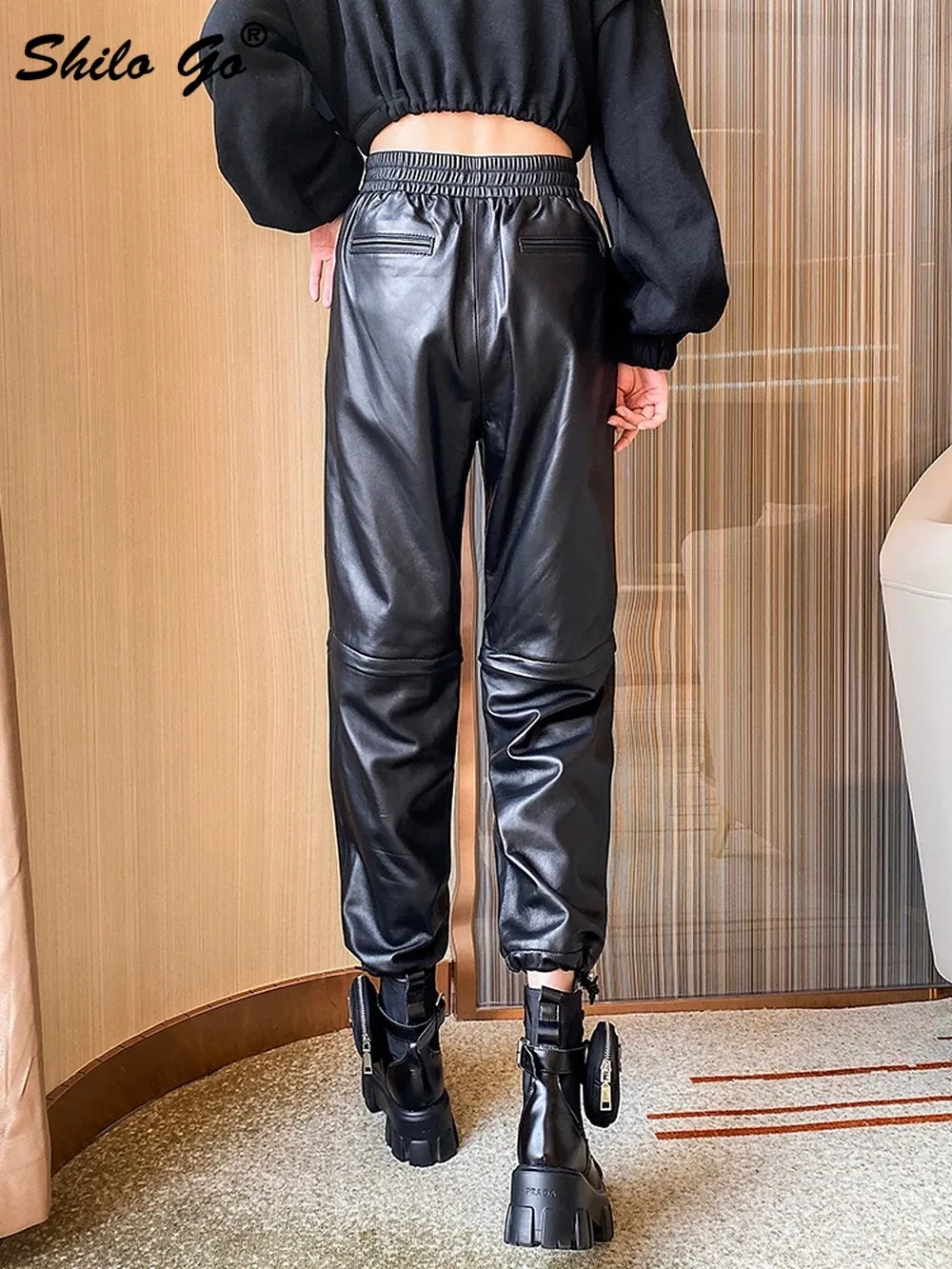 

Casual Harem Pants Womens Streetwear Elastic Waist Safari Style Genuine Leather Harem Pants Zippers Detail Sheepskin Trousers
