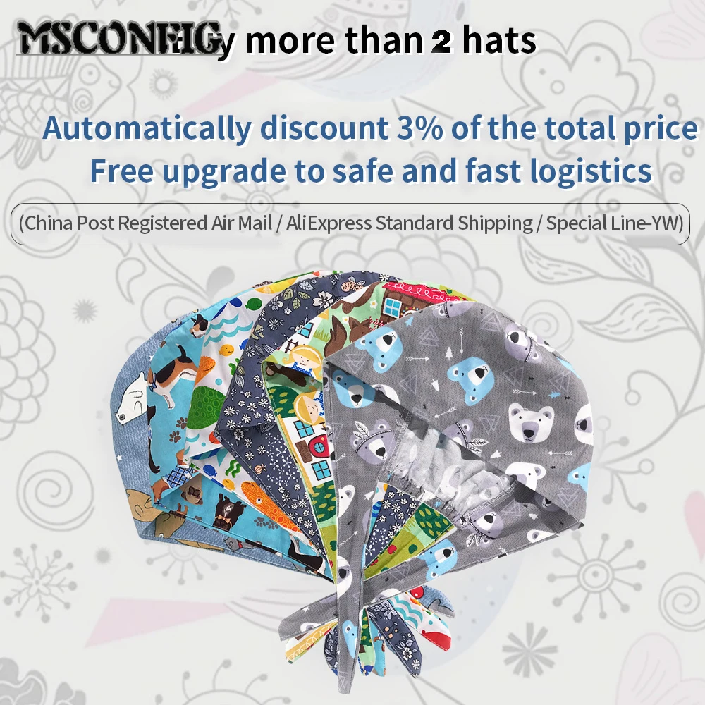 

Cartoon Printed Cotton Adjustable Ladies Nurse Cap Surgical Cap Female Veterinarian Pet Shop Scrub Cap Dentist Scrub Cap