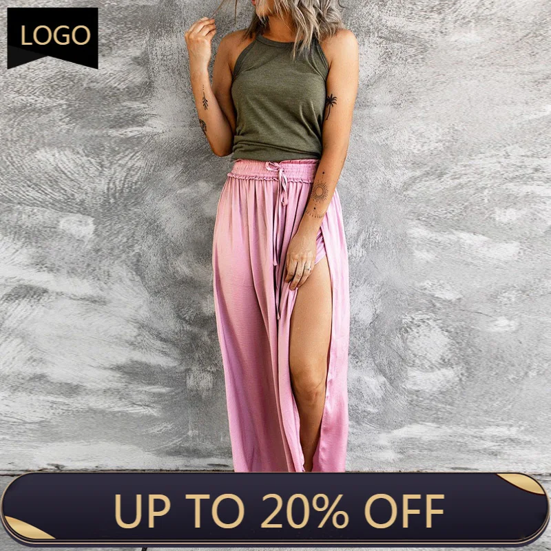 

Fashion Harajuku Solid Loose Maxi Skirt Women Summer Casual Drawstring High Waist Skirts Sexy Beach Slit Long Skirts For Woman