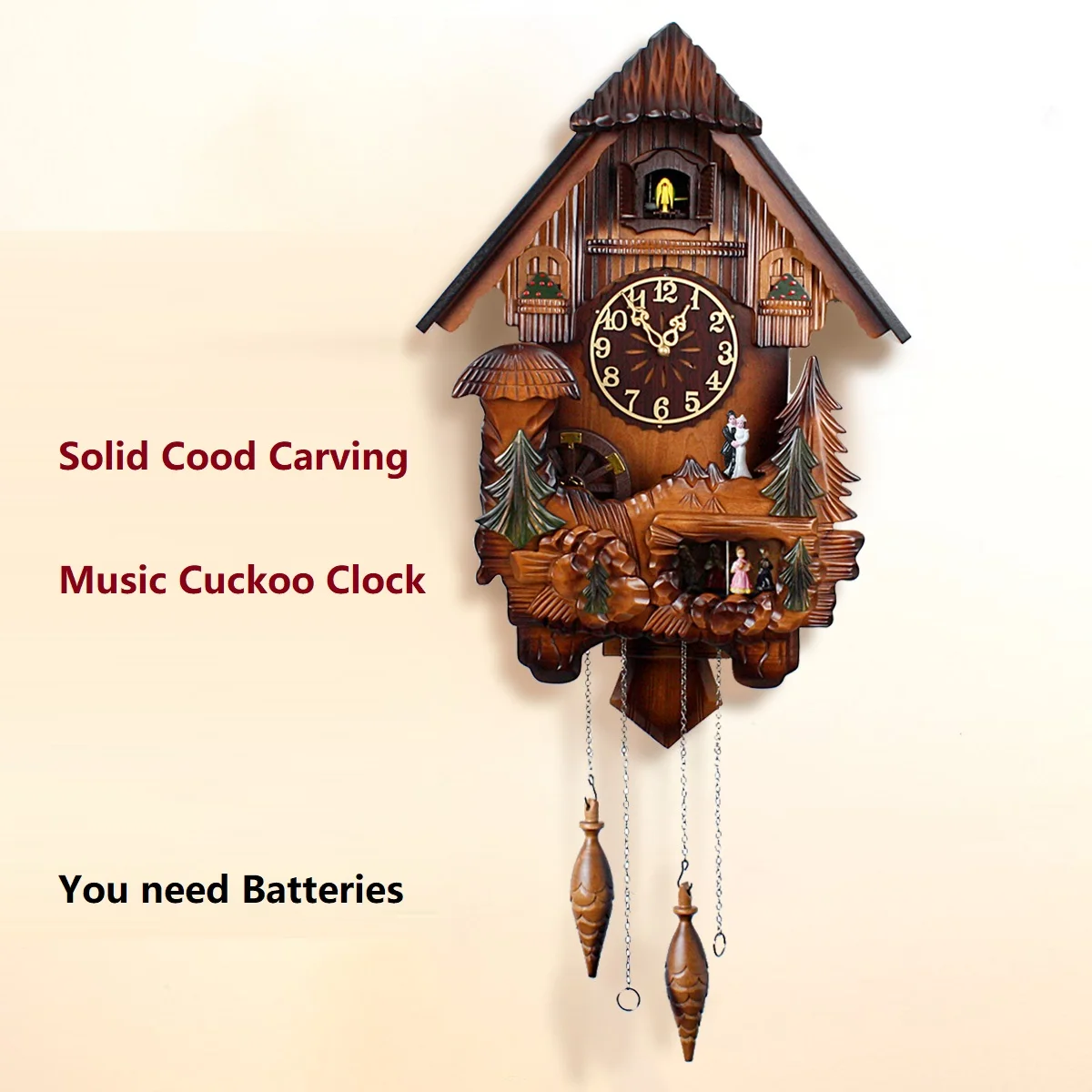 Деревянные часы с кукушкой бесшумные большие настенные контролем освещения для