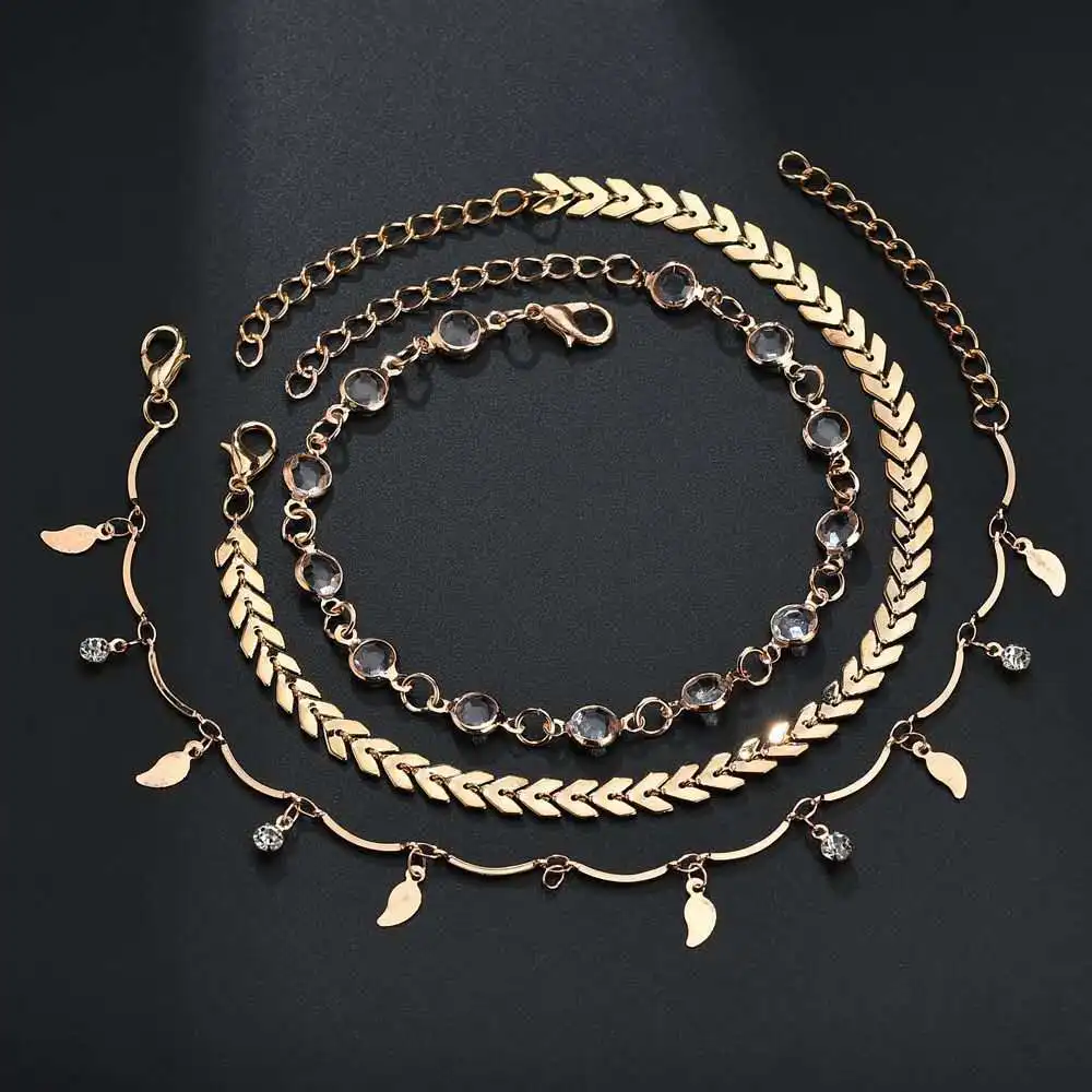 

3piece set / set Bohemian antique ankle gold chain rings, women's Anklets