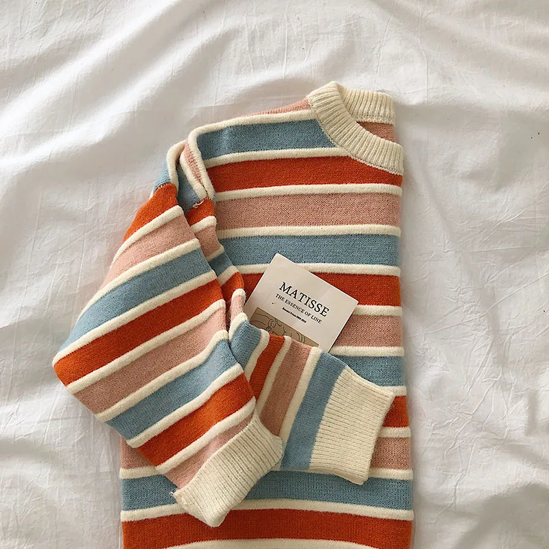 

Женский свитер в полоску, Свободный пуловер с длинным рукавом, корейские вязаные свитера в стиле пэчворк, Осень-зима