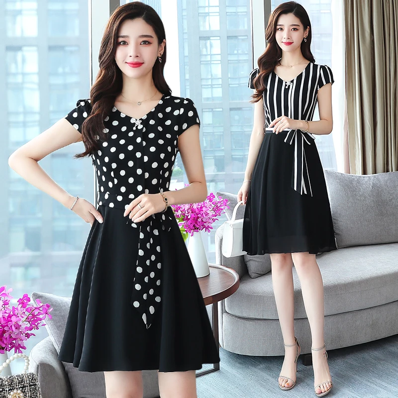 Женское платье в горошек повседневное винтажное средней длины полоску Корейском