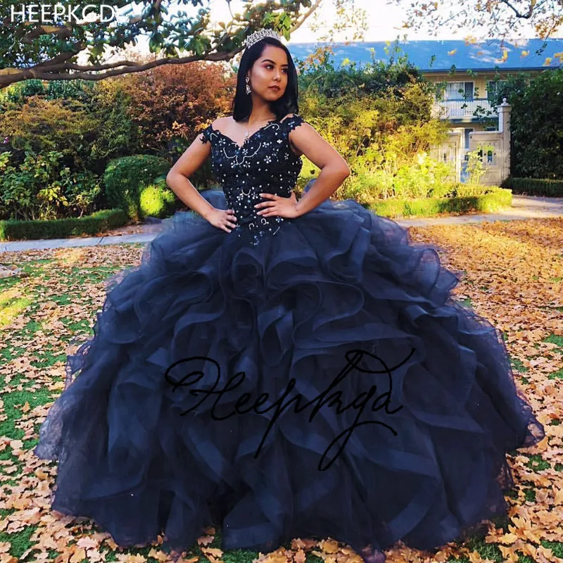 

Navy Blue Long Quinceanera Dresses Puffy Ruffles Ball Gowns Silver Crystals Sweet 16 Girls Pageant Party Gowns Custom Made