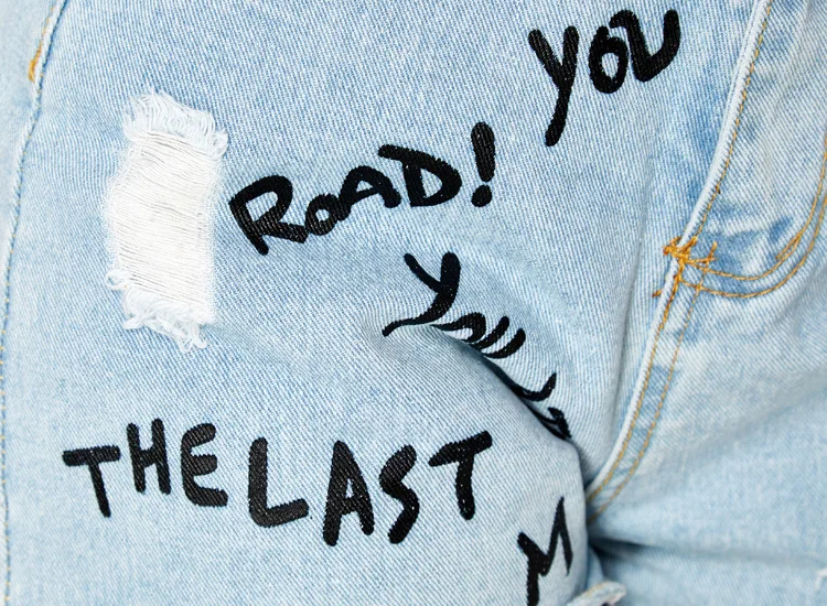 

Milalit Lady Girls Women Fashion Blue Short Jeans Hole Cutoff Hollow Black Letter Character Decorative Shorts Bottoms