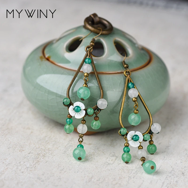 Винтажные этнические зеленые серьги MYWINY в эстетике оригинального дизайна из