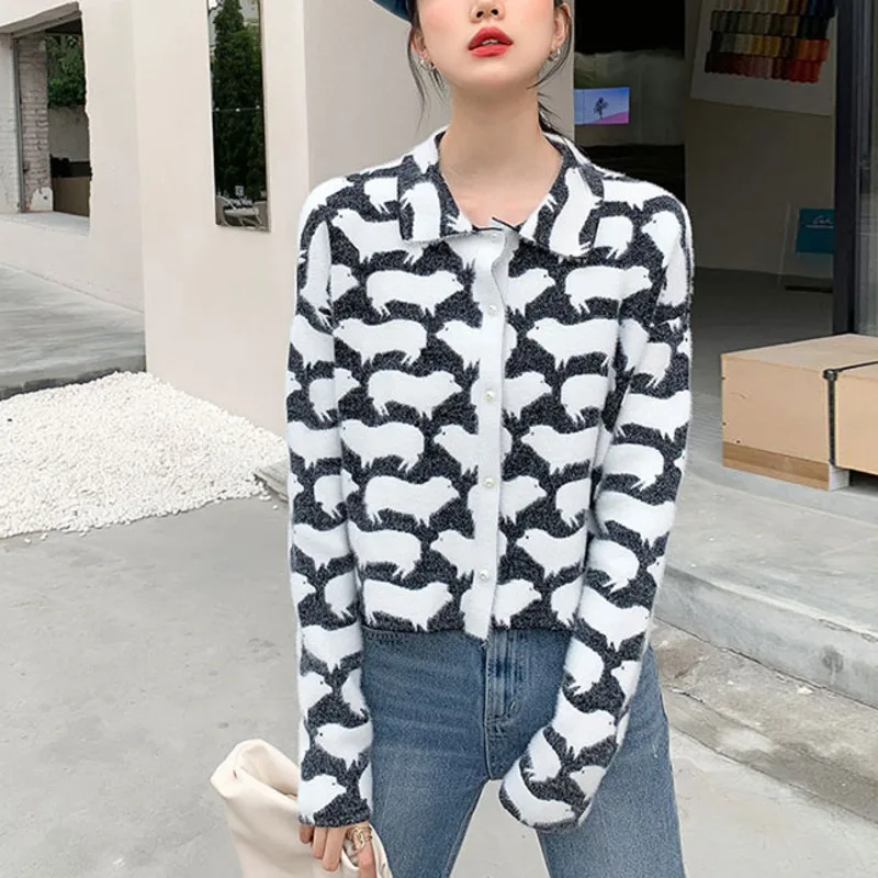 

Свитер с животным принтом, кардиган, Женский пушистый вязаный кардиган на пуговицах, милая куртка, милый свитер, Зимняя мода S080