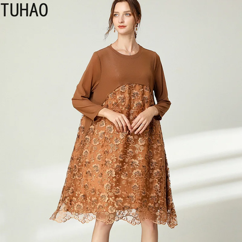 

TUHAO 2020 Large Size Dress 4XL 3XL Heavy Industry Embroidery Hollow Out Elegant Dresses Party Office Lady Female Dress WM08