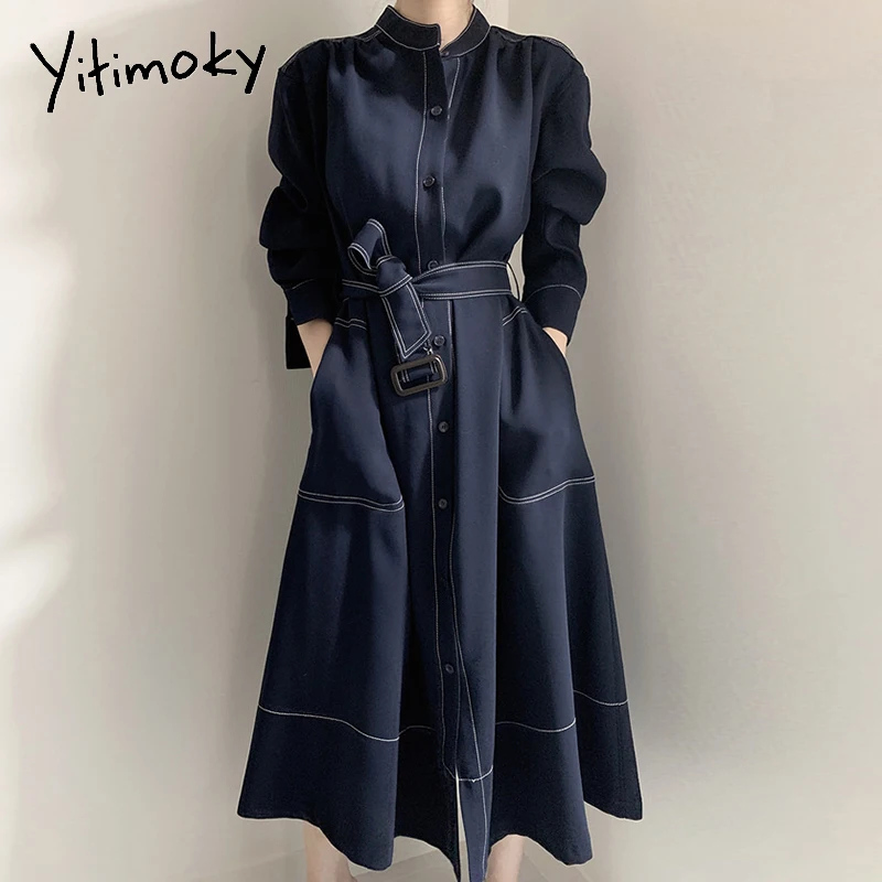 

Yitimoky Dresses for Women Spring Fashion Korean Dress Long Sleeve Burgundy Vintage Mid-Calf Clothing Pocket Elegant High Waist