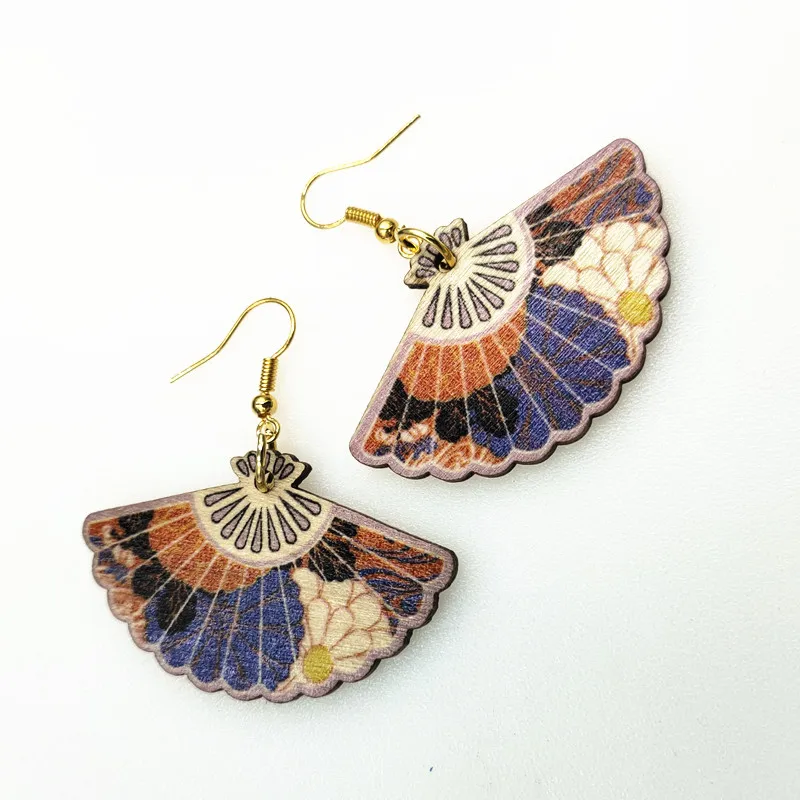 40 цветов модные золотые деревянные серьги в виде веера печать с подвеской цветка