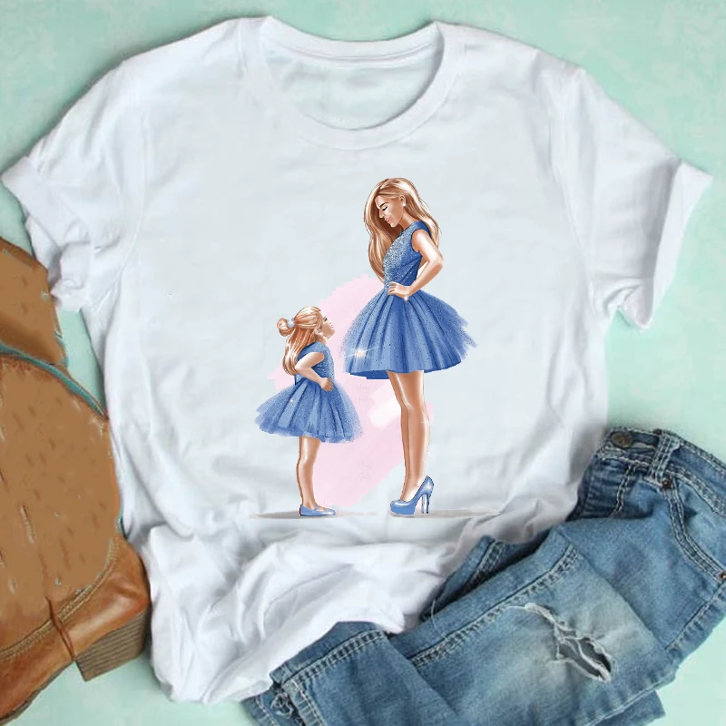 

Women Short Sleeve Baby Watercolor Love Spring Summer Cartoon Mom Mother Clothes Print Tshirt Female Tee Top Graphic T-shirt