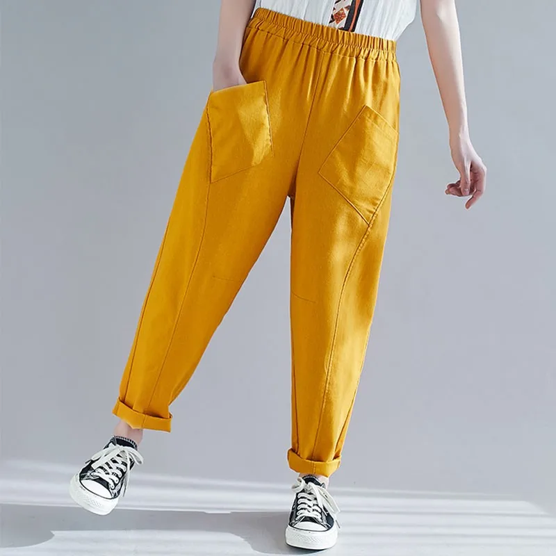 

Women Cotton Linen Casual Pants New 2021 Spring Simple Style Vintage Solid Color All-match Loose Female Harem Pants S3593