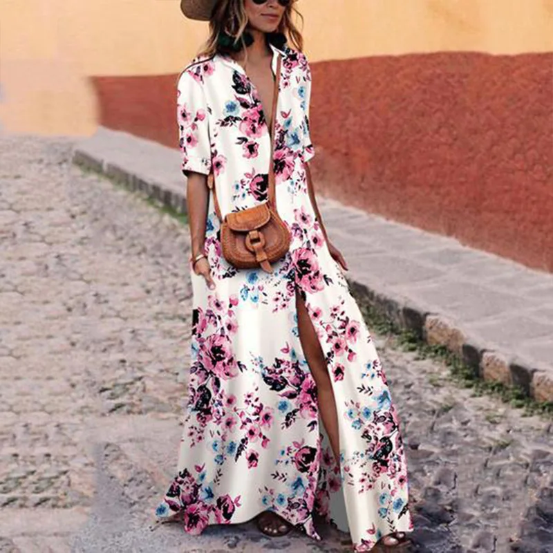 Springr Autumn Women Dress Stripe Single-Breasted Shirt Dot Printed Loose Long Party Dresses Half Sleevel Vestidos Vintage | Женская