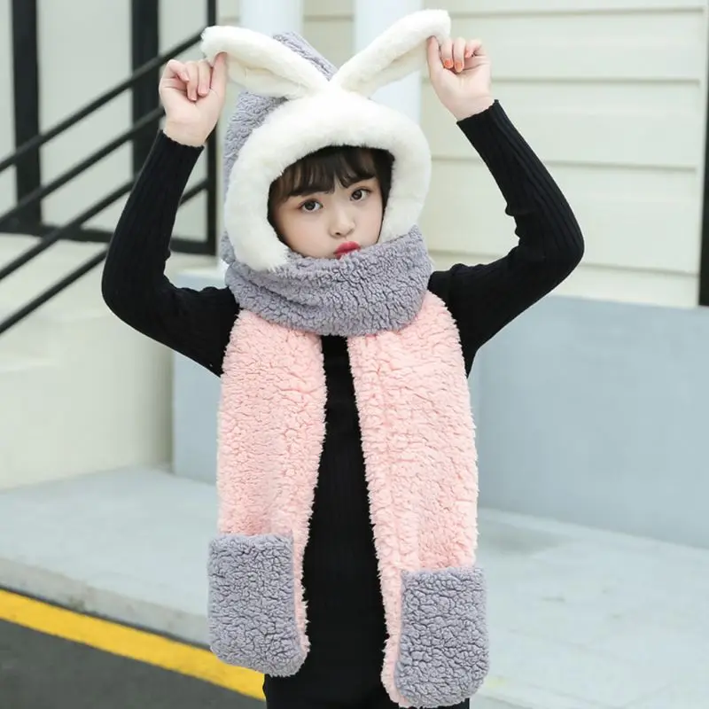

Kids 3 in 1 Scarf Hat Gloves Stitching Color Adorable Rabbit Ear Hoodie Earflap D08E