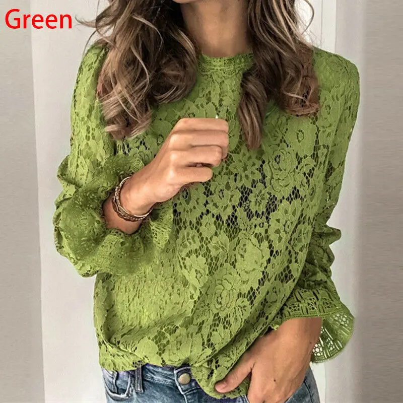 

Women Ladies Long Sleeve Lace O-Neck Cute look thin Shirts Office Tops