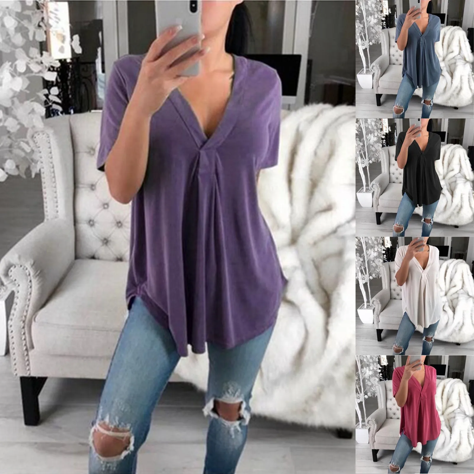 

Tops Women's Summer Solid Colour Shirt V-neck Blouse Short Sleeves Casual Tops Blusa De Frio Feminina Ropa Mujer Футболка Y2k
