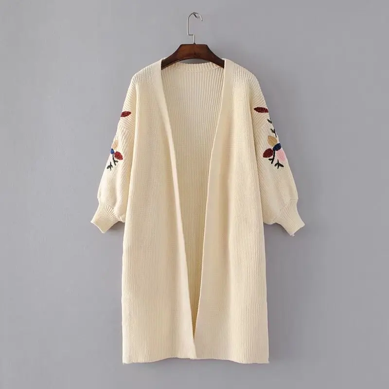 

Women Fashion Floral Embroidery V Neck Long Coat Casual Loose Solid Long Sleeve Autumn Sweater