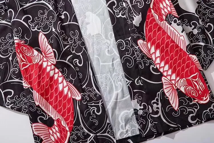 

Kimono For Men Cross-border Yokosuga carp wave seven-point sleeve thin sunscreen clothing men's robes Ukiyoe kimono