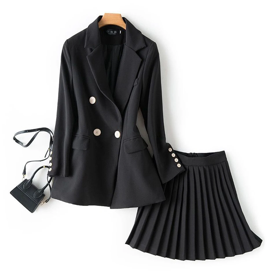 Ladies Suit Chic Button Pocket Jacket Fashion High Waist Pleated Skirt Two-Piece 2021 Summer New Tide |