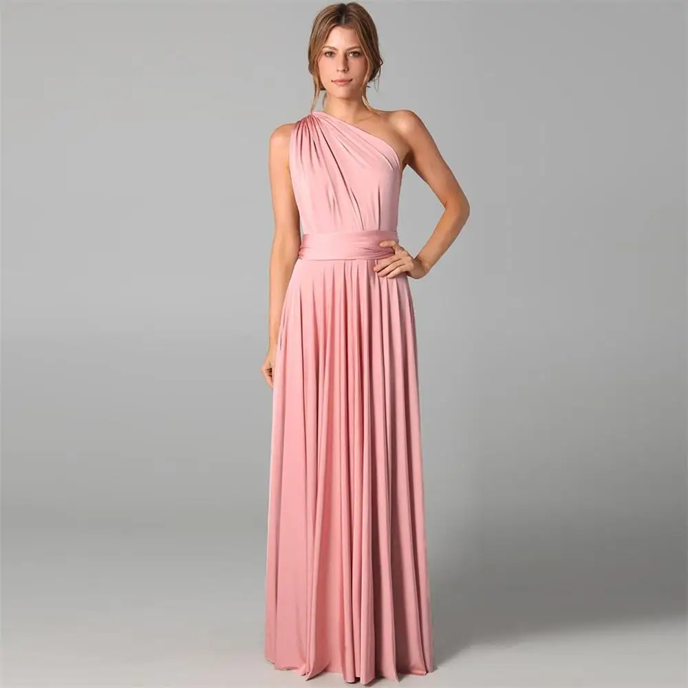 New Pure Color Covertible Bridesmaid Dresses Pleated Floor length Country Beach Wedding Guest Party Gowns Cheap Long Prom Dress
