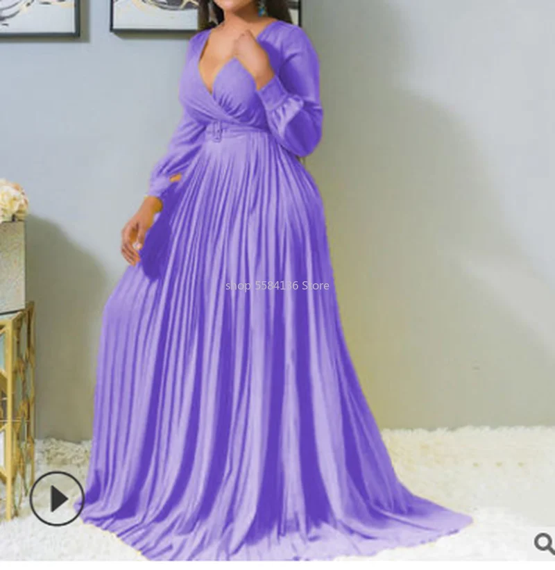 Женские макси плиссированные платья с высокой талией и поясом v образным вырезом