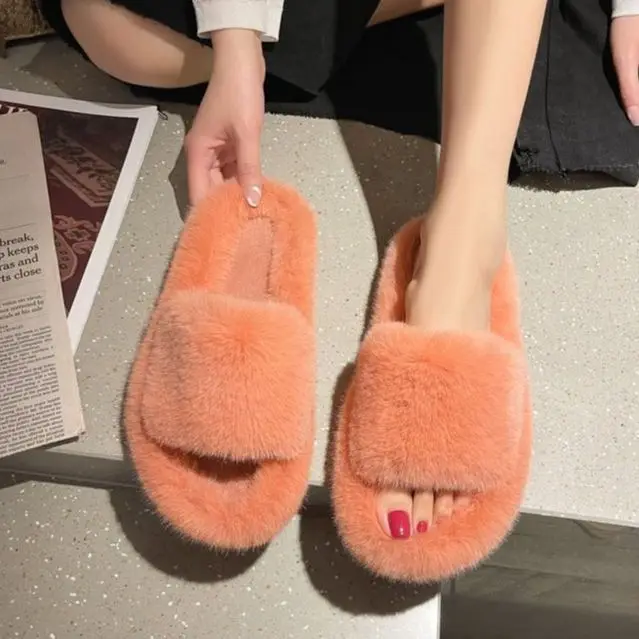 

Women Fur Shoes Ladies' Slippers Flock Slides Multicolored Plush Rubber Flat Designer Basic with Fur Home Furry Slippers size 42