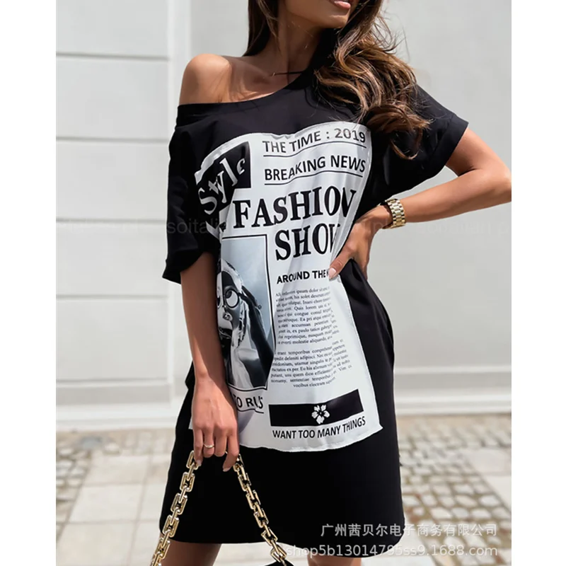 

WEPBEL Women Letter Print Loose Shirt Dress Ladies Casual Fashion Short Sleeve O Neck Mini Dress