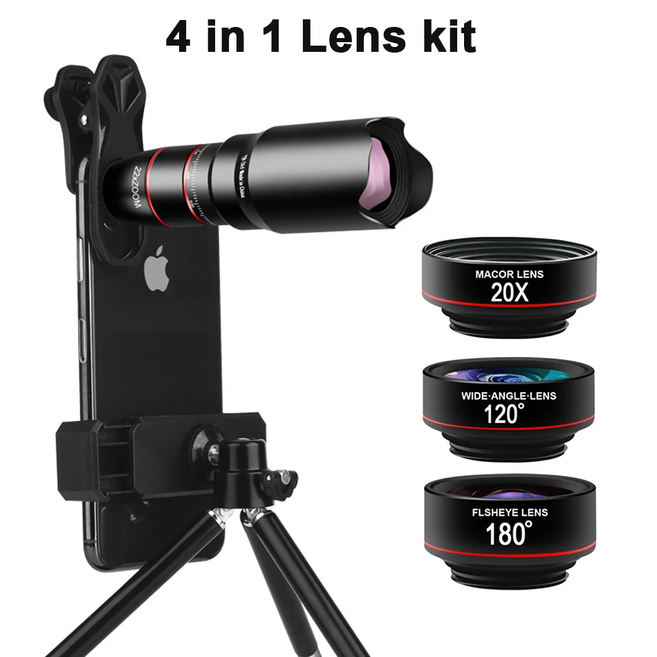 

Phone Camera Lens Kit 4in1 Telephoto Zoom 22X Lens Telescope Monocular Wide Macro Fish eye Lens With Tripod Lens for Smartphone