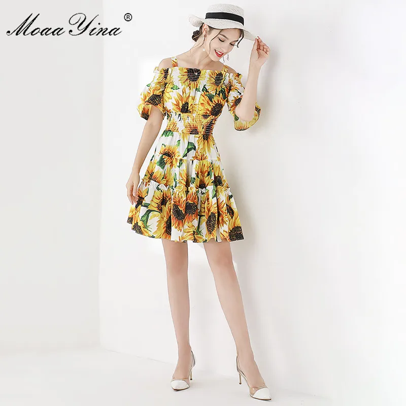 Женское платье с принтом подсолнухов MoaaYina летнее дизайнерское эластичной талией
