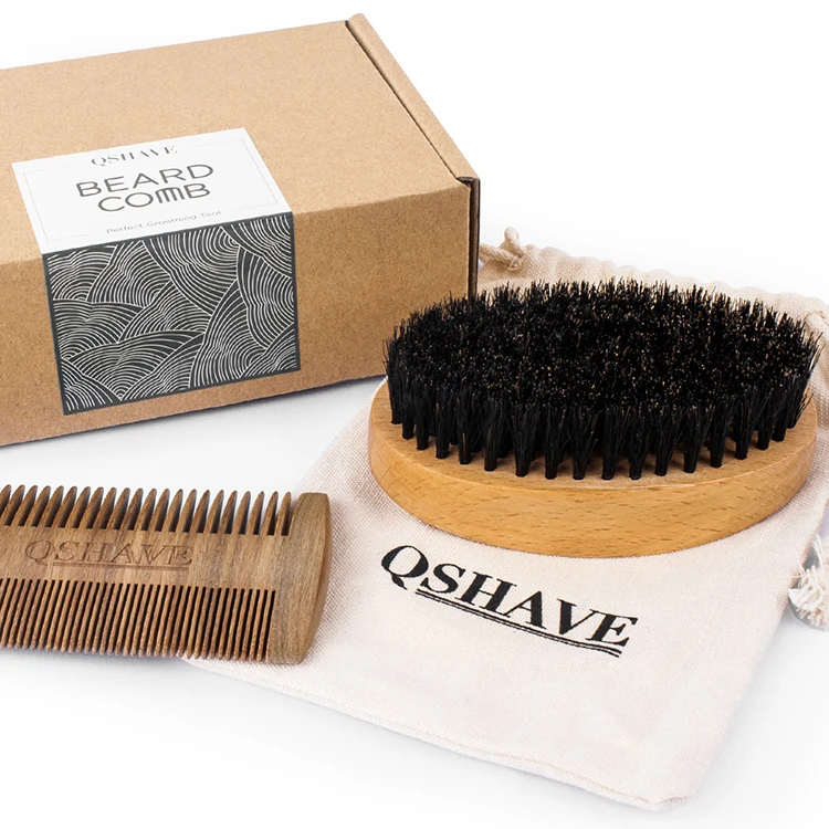 QSHAVE, натуральная щетина кабана, щетка для бритья бороды, усы, Мужская щетка для бороды, инструмент для ухода за бородой, 10,8 см, 1 щетка и 1 расческа