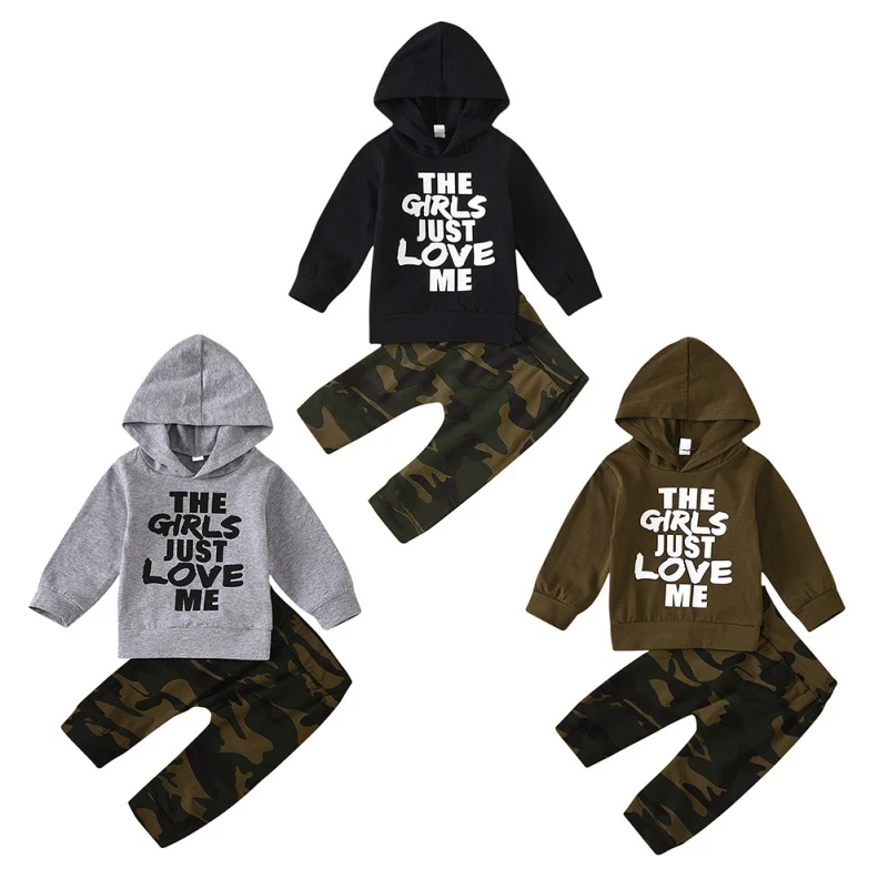 

2Pcs Spring Autumn Baby Boys Clothes Set Letters Print Long Sleeve Hoodie+Camouflage Trousers Outfit Set Infant Clothing