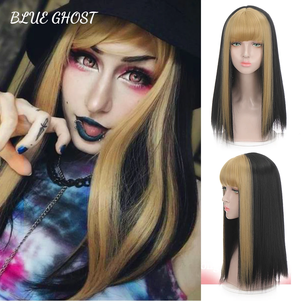 

Synthetic Wigs Middle Long Straight Hair Wig With Neat Bangs Black Gold Red Mix Color Highlighted Hair Wigs For Women