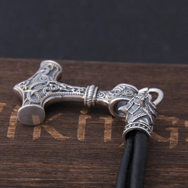 S925 стерлингового серебра Викинг-волк головы с thor's Молот Мьёльнир Кулон кожаный мужской ожерелье как рождественский подарок