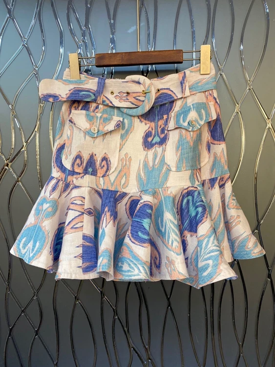 

Decorative Lotus Leaf Printed Short Skirt 2021 Spring and Summer New Women's Buckle Belt Waist Hugging