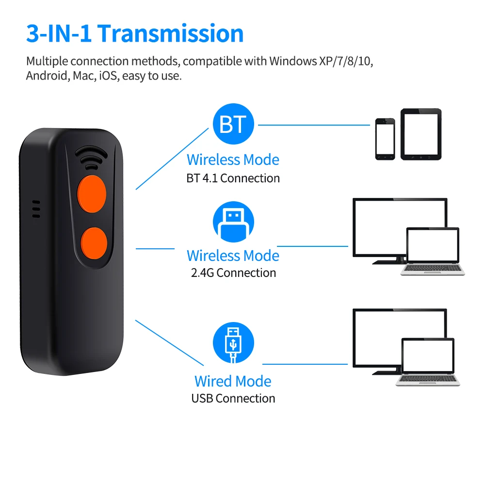Сканер штрих-кода 3-в-1 1D считыватель BT 2 4G беспроводной USB-кабель светильник